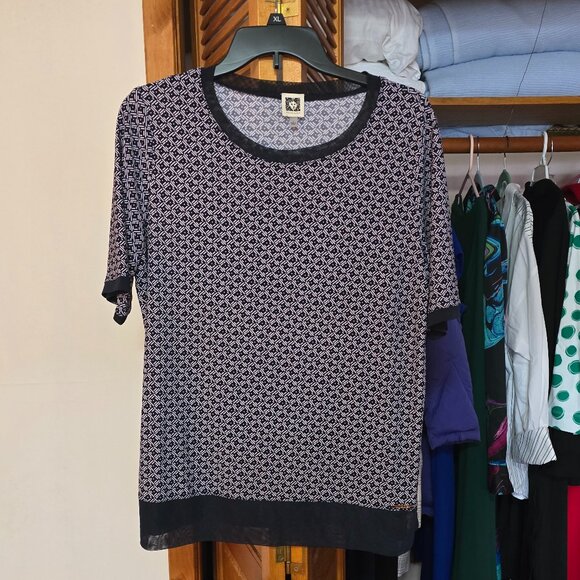 Anne Klein, Large, Navy and White Patterned Round Neck Top - Picture 1 of 3